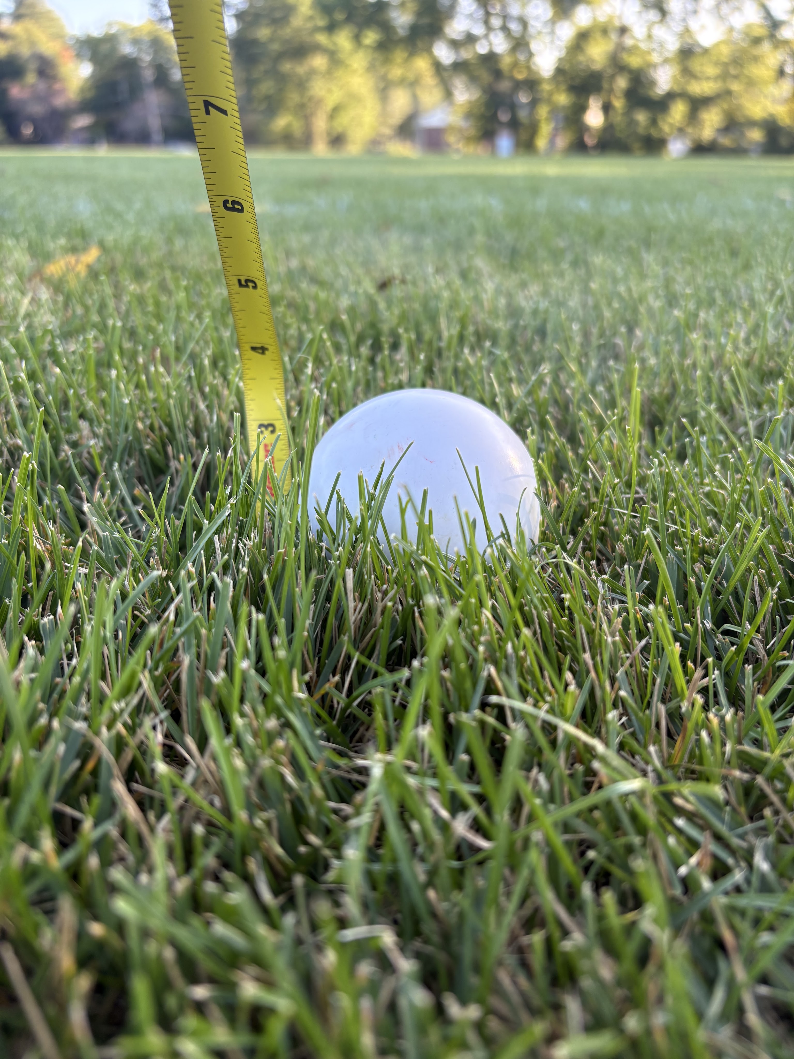 A measuring tape next to a golf ball resting on green grass.
